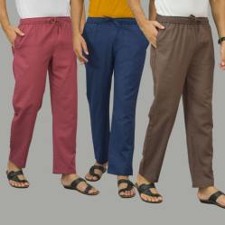 Combo of 3 Dark Red Navy Blue and Wood Brown Cotton Men Pants-45884