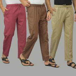 Combo of 3 Dark Red Rust Brown and Beige Cotton Men Pants-45908