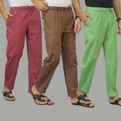 Combo of 3 Dark Red Rust Brown and Parrot Green Cotton Men Pants-45909
