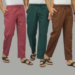 Combo of 3 Dark Red Teal Blue and Coffee Brown Cotton Men Pants-45902