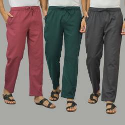 Combo of 3 Dark Red Teal Blue and Dark Gray Cotton Men Pants-45903
