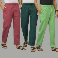 Combo of 3 Dark Red Teal Blue and Parrot Green Cotton Men Pants-45905