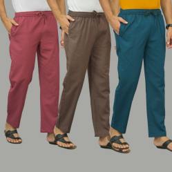 Combo of 3 Dark Red Wood Brown and Blue Cotton Men Pants-45899