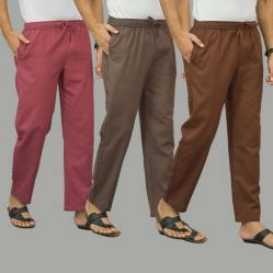 Combo of 3 Dark Red Wood Brown and Coffee Brown Cotton Men Pants-45895