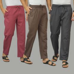 Combo of 3 Dark Red Wood Brown and Dark Gray Cotton Men Pants-45896