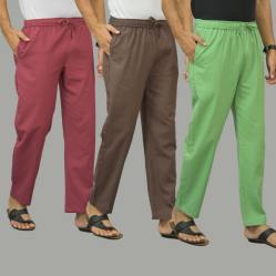 Combo of 3 Dark Red Wood Brown and Parrot Green Cotton Men Pants-45898