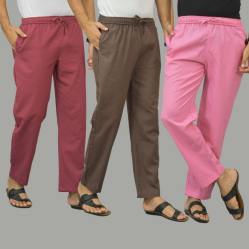 Combo of 3 Dark Red Wood Brown and Pink Cotton Men Pants-45900
