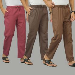 Combo of 3 Dark Red Wood Brown and Rust Brown Cotton Men Pants-45894