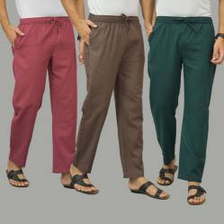 Combo of 3 Dark Red Wood Brown and Teal Blue Cotton Men Pants-45893