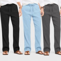 Combo of 3 Linen Loose Fit Men Pant Dark Gray-Blue and Black-50383