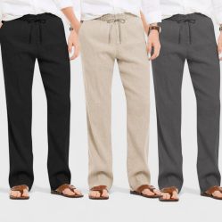 Combo of 3 Linen Loose Fit Men Pant Dark Gray-Light Beige and Black-50398