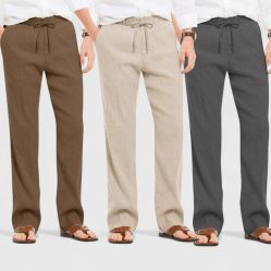 Combo of 3 Linen Loose Fit Men Pant Dark Gray-Light Beige and Brown-50434