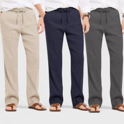 Combo of 3 Linen Loose Fit Men Pant Dark Gray-Navy Blue and Light Beige-50453