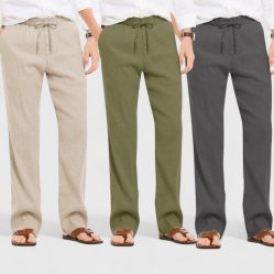 Combo of 3 Linen Loose Fit Men Pant Dark Gray-Olive Green and Light Beige-50455