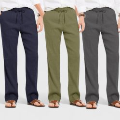 Combo of 3 Linen Loose Fit Men Pant Dark Gray-Olive Green and Navy Blue-50458