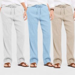 Combo of 3 Linen Loose Fit Men Pant Light Beige-Blue and Light Gray-50352