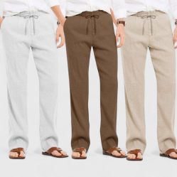 Combo of 3 Linen Loose Fit Men Pant Light Beige-Brown and Light Gray-50358