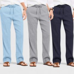 Combo of 3 Linen Loose Fit Men Pant Navy Blue-Gray and Blue-50413