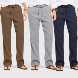 Combo of 3 Linen Loose Fit Men Pant Navy Blue-Gray and Brown-50428