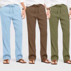 Combo of 3 Linen Loose Fit Men Pant Olive Green-Brown and Blue-50409