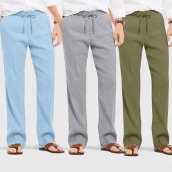 Combo of 3 Linen Loose Fit Men Pant Olive Green-Gray and Blue-50414