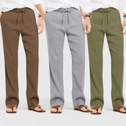 Combo of 3 Linen Loose Fit Men Pant Olive Green-Gray and Brown-50429