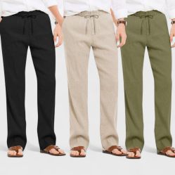 Combo of 3 Linen Loose Fit Men Pant Olive Green-Light Beige and Black-50397