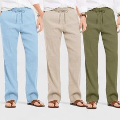 Combo of 3 Linen Loose Fit Men Pant Olive Green-Light Beige and Blue-50418