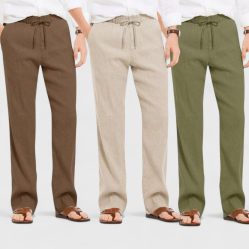 Combo of 3 Linen Loose Fit Men Pant Olive Green-Light Beige and Brown-50433