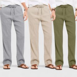 Combo of 3 Linen Loose Fit Men Pant Olive Green-Light Beige and Gray-50443