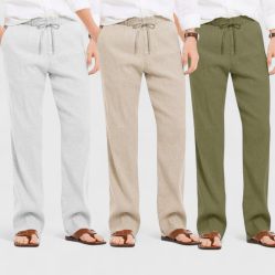 Combo of 3 Linen Loose Fit Men Pant Olive Green-Light Beige and Light Gray-50369