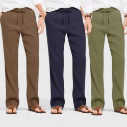 Combo of 3 Linen Loose Fit Men Pant Olive Green-Navy Blue and Brown-50436