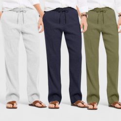 Combo of 3 Linen Loose Fit Men Pant Olive Green-Navy Blue and Light Gray-50372
