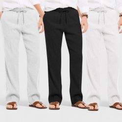 Combo of 3 Linen Loose Fit Men Pant White-Black and Light Gray-50349