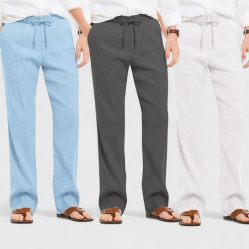 Combo of 3 Linen Loose Fit Men Pant White-Dark Gray and Blue-50426
