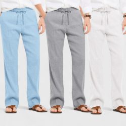 Combo of 3 Linen Loose Fit Men Pant White-Gray and Blue-50416