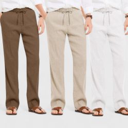 Combo of 3 Linen Loose Fit Men Pant White-Light Beige and Brown-50435