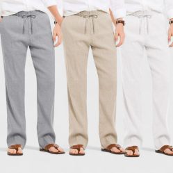 Combo of 3 Linen Loose Fit Men Pant White-Light Beige and Gray-50445