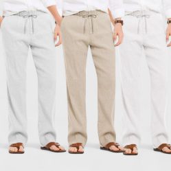 Combo of 3 Linen Loose Fit Men Pant White-Light Beige and Light Gray-50371