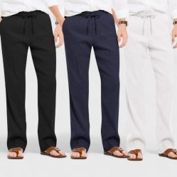 Combo of 3 Linen Loose Fit Men Pant White-Navy Blue and Black-50402