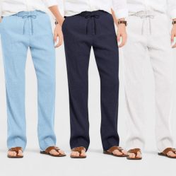 Combo of 3 Linen Loose Fit Men Pant White-Navy Blue and Blue-50423