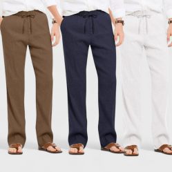 Combo of 3 Linen Loose Fit Men Pant White-Navy Blue and Brown-50438