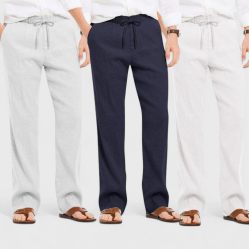 Combo of 3 Linen Loose Fit Men Pant White-Navy Blue and Light Gray-50374