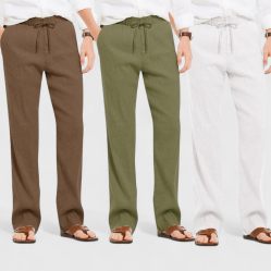 Combo of 3 Linen Loose Fit Men Pant White-Olive Green and Brown-50440