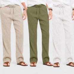 Combo of 3 Linen Loose Fit Men Pant White-Olive Green and Light Beige-50456