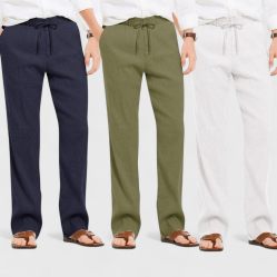 Combo of 3 Linen Loose Fit Men Pant White-Olive Green and Navy Blue-50459