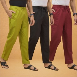 Combo of 3 Men Solid Cotton Flex Pant Black Maroon and Olive Green-15555
