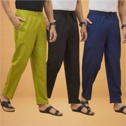 Combo of 3 Men Solid Cotton Flex Pant Black Navy Blue and Olive Green-15551