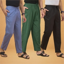 Combo of 3 Men Solid Cotton Flex Pant Bottle Green Black and Sky Blue-15597