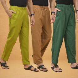 Combo of 3 Men Solid Cotton Flex Pant Bottle Green Brown and Olive Green-15543